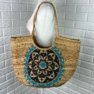 ANTIK KRAFT 100% JUTE Natural Woven Boho Large Tote Bag Blue Mandala Medallion